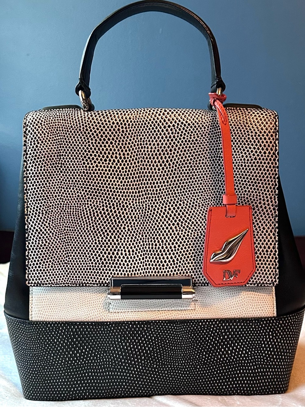 Diane Von Furstenberg Courier Purse Top Handle Tote Color block Lizard Designer